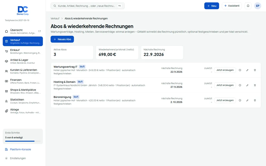 Wiederkehrend abrechnen – Bildschirm aus der Demo