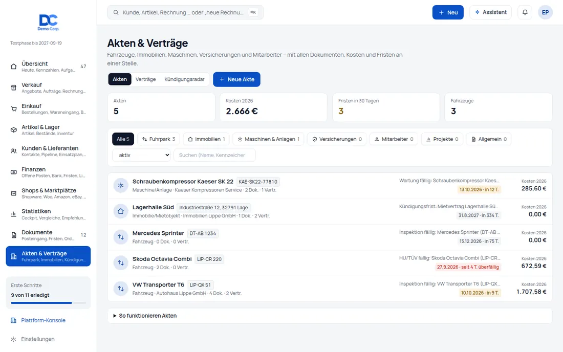 Akten: Eine Akte für jedes Fahrzeug, jede Immobilie, jede Maschine – mit allen Dokumenten, Kosten und Fristen – Bildschirm aus der Demo