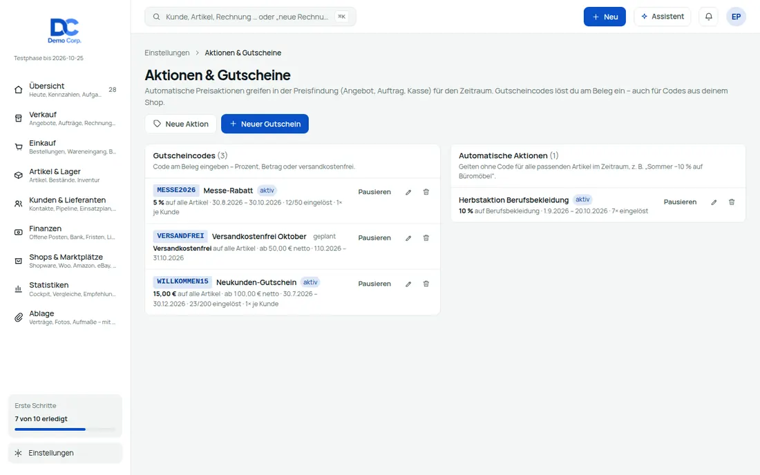 Preise, Aktionen & Währungen: Der richtige Preis steht automatisch im Beleg (Ansicht 2) – Bildschirm aus der Demo