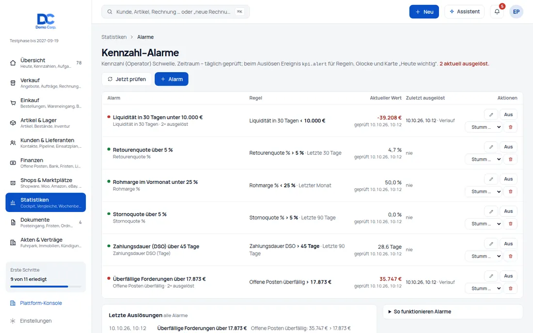 Kennzahl-Alarme: „Liquidität in 30 Tagen unter 10.000 €“ – Schwellen, die sich melden – Bildschirm aus der Demo