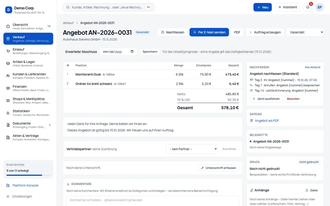 Angebote nachfassen: Kein Angebot geht mehr unter – Nachfass-Abläufe mit Mail, Anruf und Erinnerung, die von selbst aufhören (Ansicht 2) – Bildschirm aus der Demo