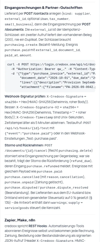 API-Dokumentation: Die Anleitung steht in der App – mit Beispielen, OpenAPI und Signatur-Code – Bildschirm aus der Demo