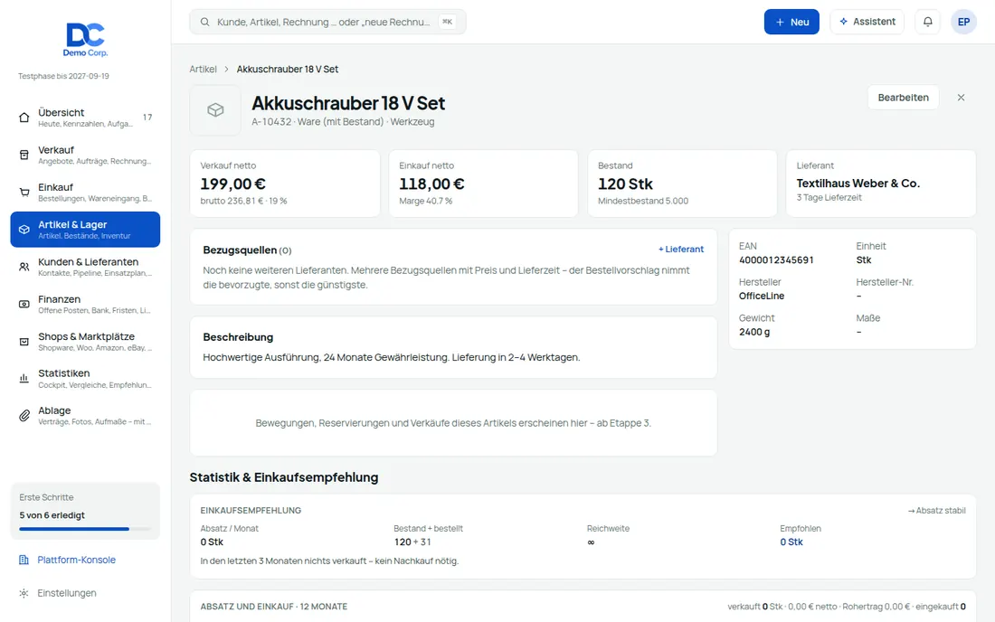 Ein Artikelstamm für Shop, Beleg, Lager und Einkauf – Bildschirm aus der Demo