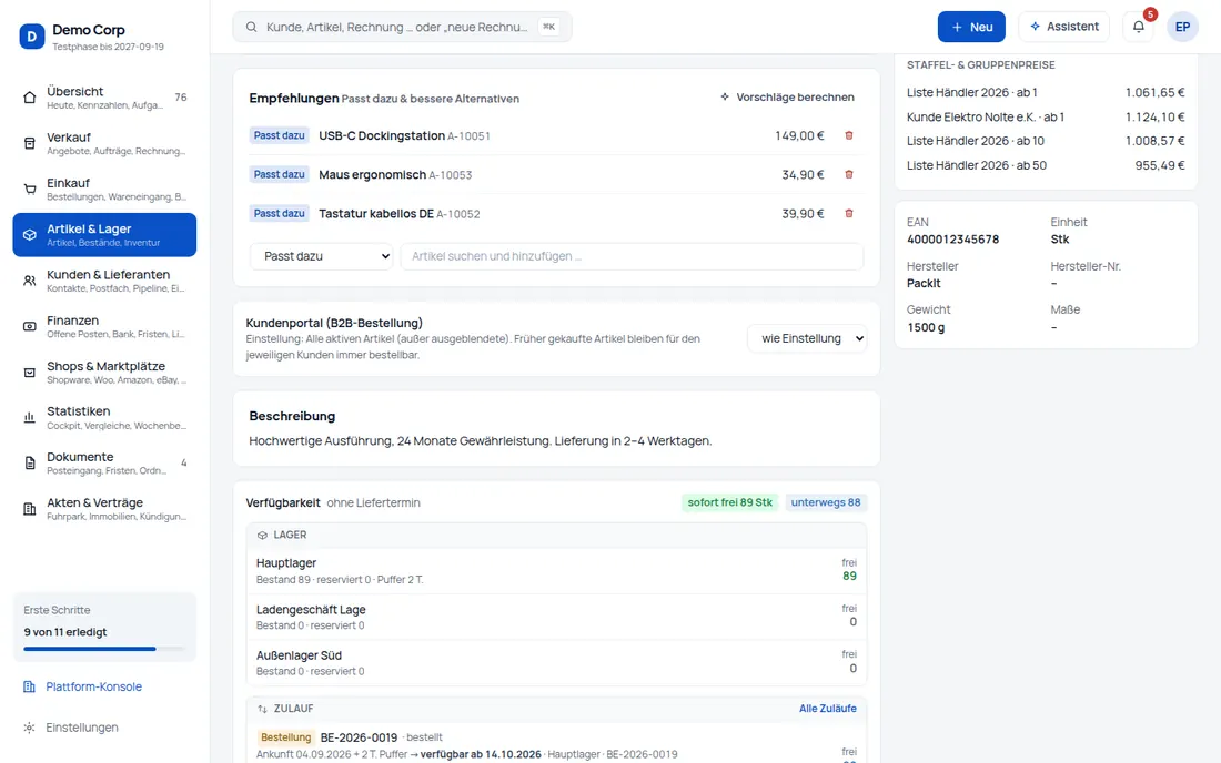 Cross- & Upselling: „Passt dazu“ und „Bessere Alternative“ – im Angebot, im Portal und im Shop – Bildschirm aus der Demo