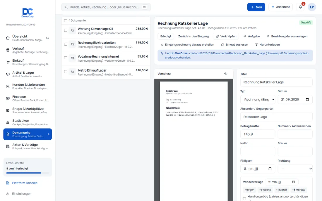 Speicherort: Dateien in der eigenen Cloud speichern – mit Sicherungskopie für GoBD-relevante Belege (Ansicht 2) – Bildschirm aus der Demo