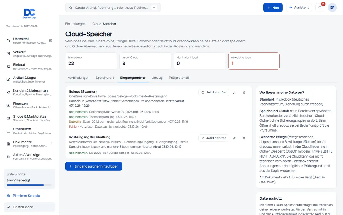 Eingangsordner: Überwachte Eingangsordner: Was im Cloud-Ordner landet, kommt in den Posteingang – Bildschirm aus der Demo