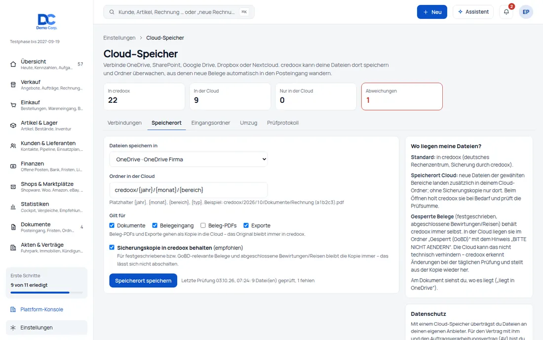 Speicherort: Dateien in der eigenen Cloud speichern – mit Sicherungskopie für GoBD-relevante Belege – Bildschirm aus der Demo