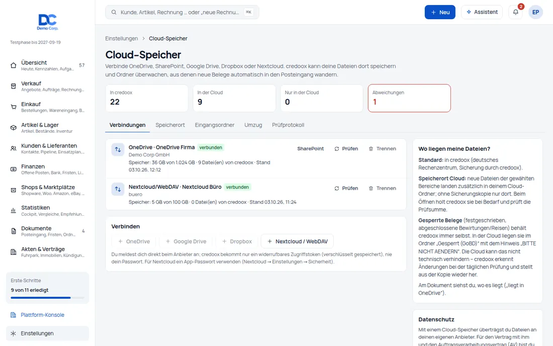 Verbindungen: OneDrive, SharePoint, Google Drive, Dropbox oder Nextcloud/WebDAV anbinden – Bildschirm aus der Demo