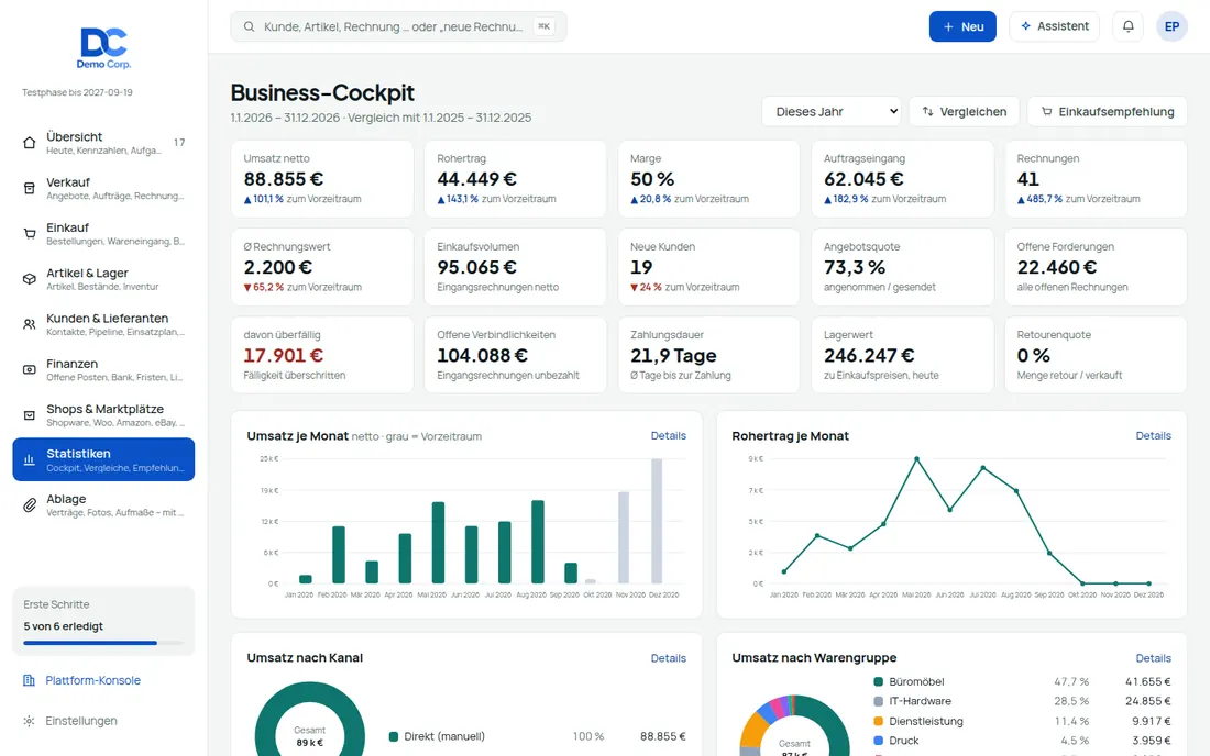 Kennzahlen mit Vorperiode – ohne Excel – Bildschirm aus der Demo