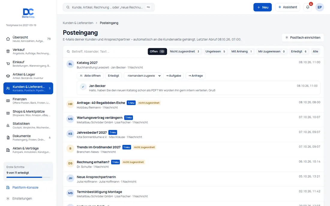 Postfach im CRM: Kundenmails landen in der Kundenakte – ein Team-Posteingang für alle – Bildschirm aus der Demo