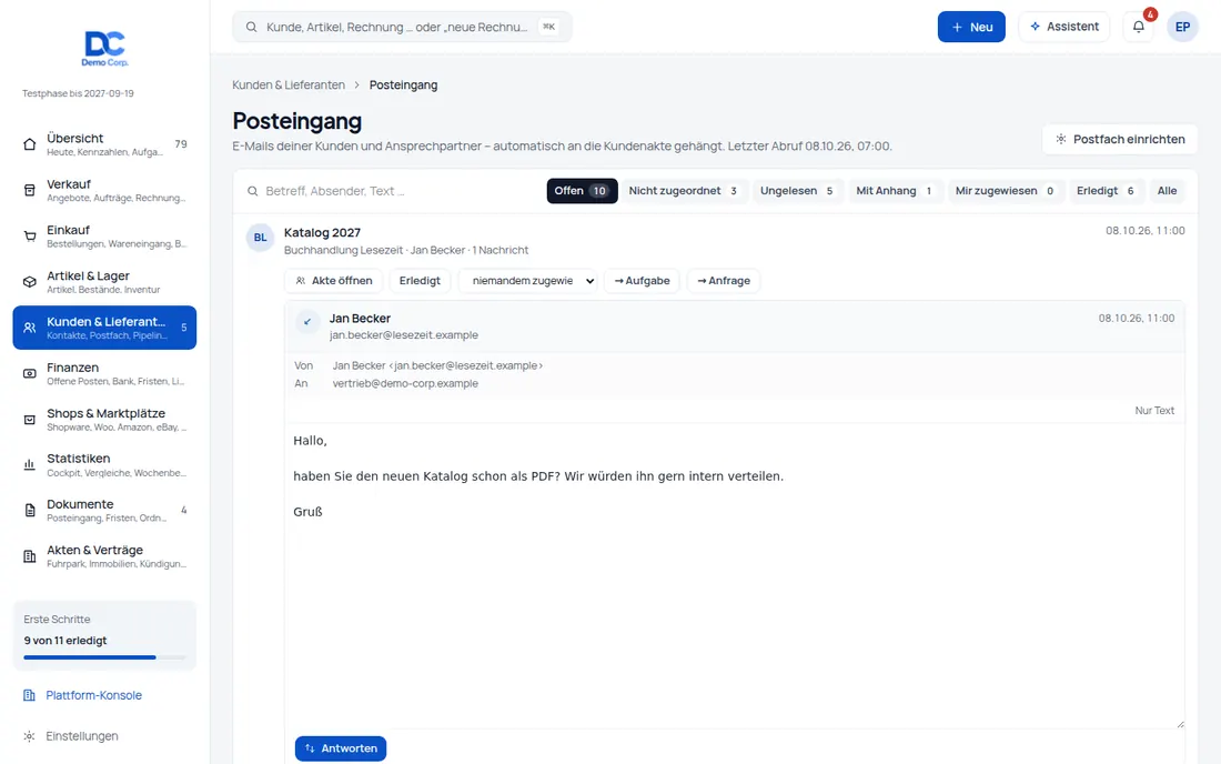 Postfach im CRM: Kundenmails landen in der Kundenakte – ein Team-Posteingang für alle (Ansicht 2) – Bildschirm aus der Demo