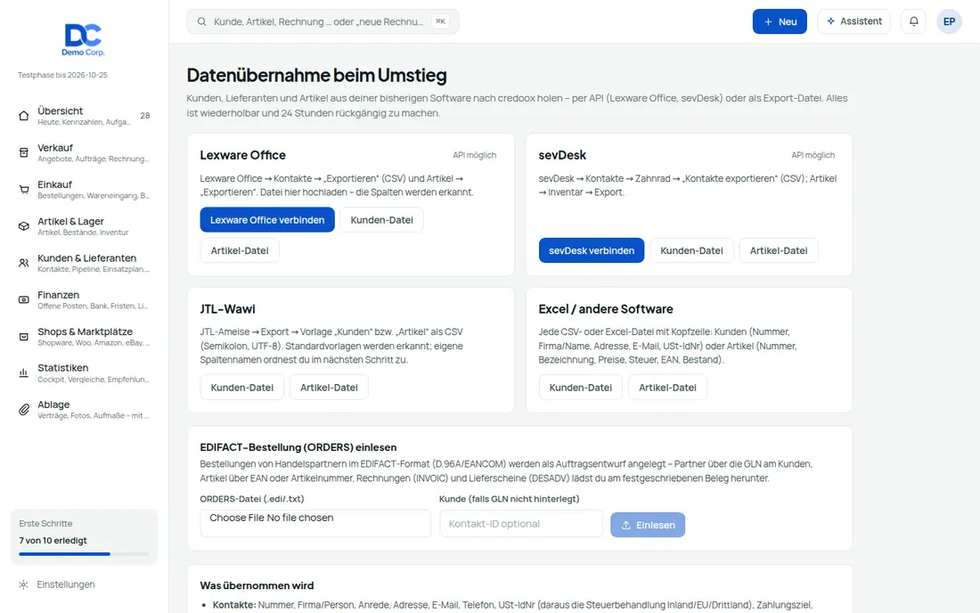 Datenübernahme, eigene Felder & Export: Daten rein, Daten raus – ohne Programmierung – Bildschirm aus der Demo