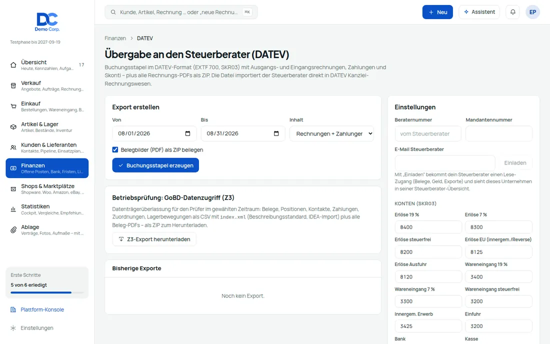 Der Steuerberater bekommt alles – ohne Schuhkarton – Bildschirm aus der Demo