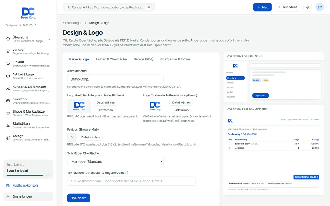 Belege und Portal in der eigenen Marke – Bildschirm aus der Demo