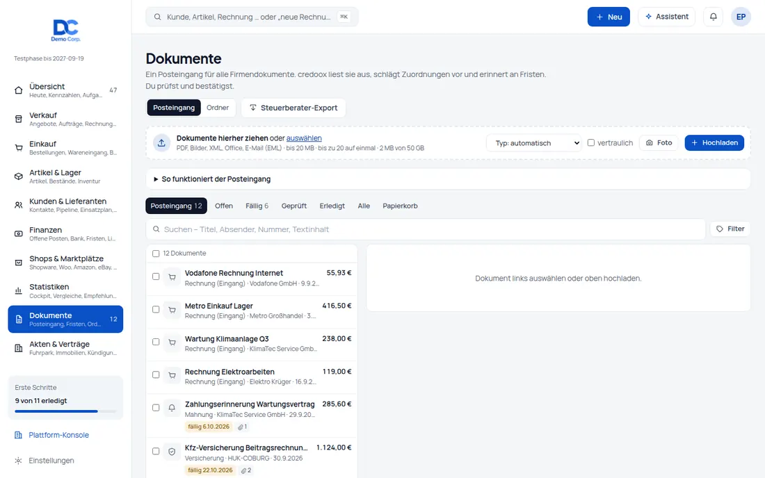 Posteingang: Ein Posteingang für alle Firmendokumente – per Upload, Mail, Foto oder API – Bildschirm aus der Demo