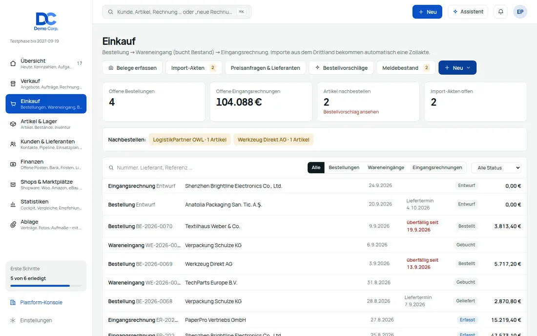 Bestellung → Wareneingang → Eingangsrechnung – Bildschirm aus der Demo