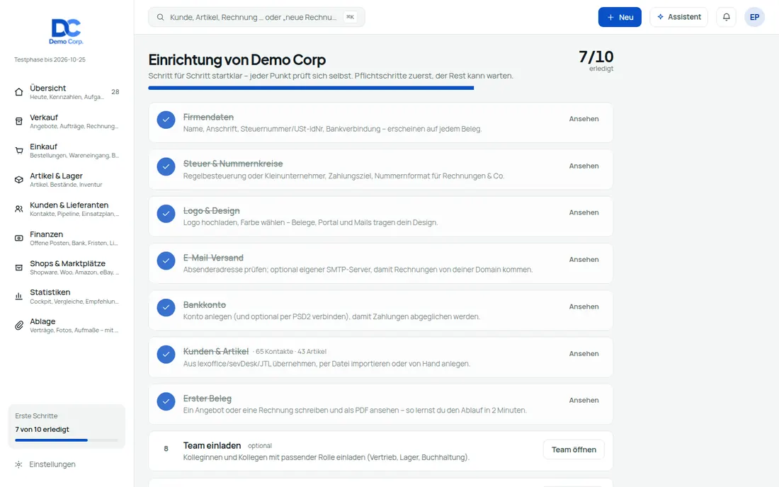 Einrichtung, E-Mail & Paket: Startklar Schritt für Schritt – mit Beispieldaten zum Ausprobieren – Bildschirm aus der Demo