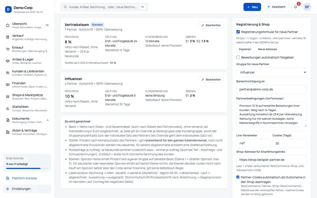 Gutscheine im Shop: Partner-Codes werden automatisch WooCommerce-Gutscheine – mit Rabatt, Laufzeit und Artikelauswahl aus credoox – Bildschirm aus der Demo