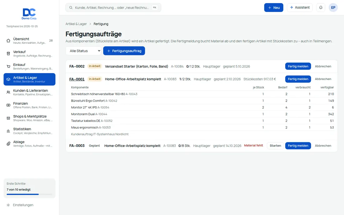 Fertigung: Aus Komponenten wird ein Artikel – mit echten Stückkosten – Bildschirm aus der Demo