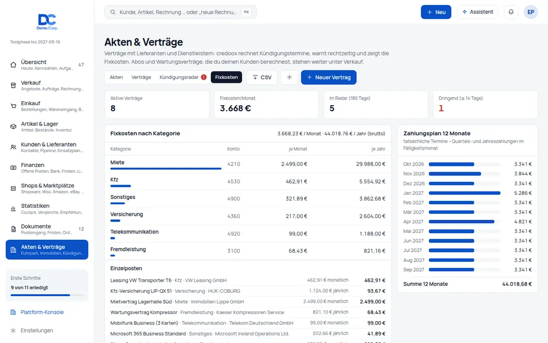 Fixkosten & Liquidität: Fixkosten je Kategorie, Zahlungsplan für 12 Monate – und Verträge in der Liquiditätsvorschau – Bildschirm aus der Demo