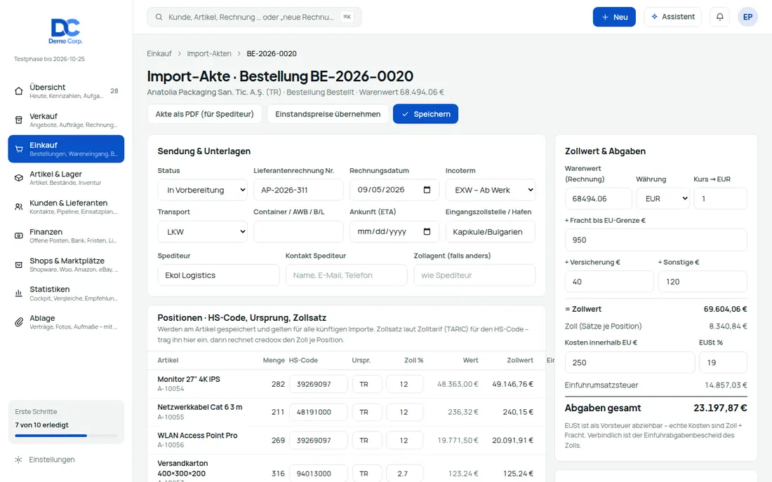 Import aus Drittländern: Import-Akte: Zollwert, Einfuhrabgaben und Einstandspreis je Stück – Bildschirm aus der Demo