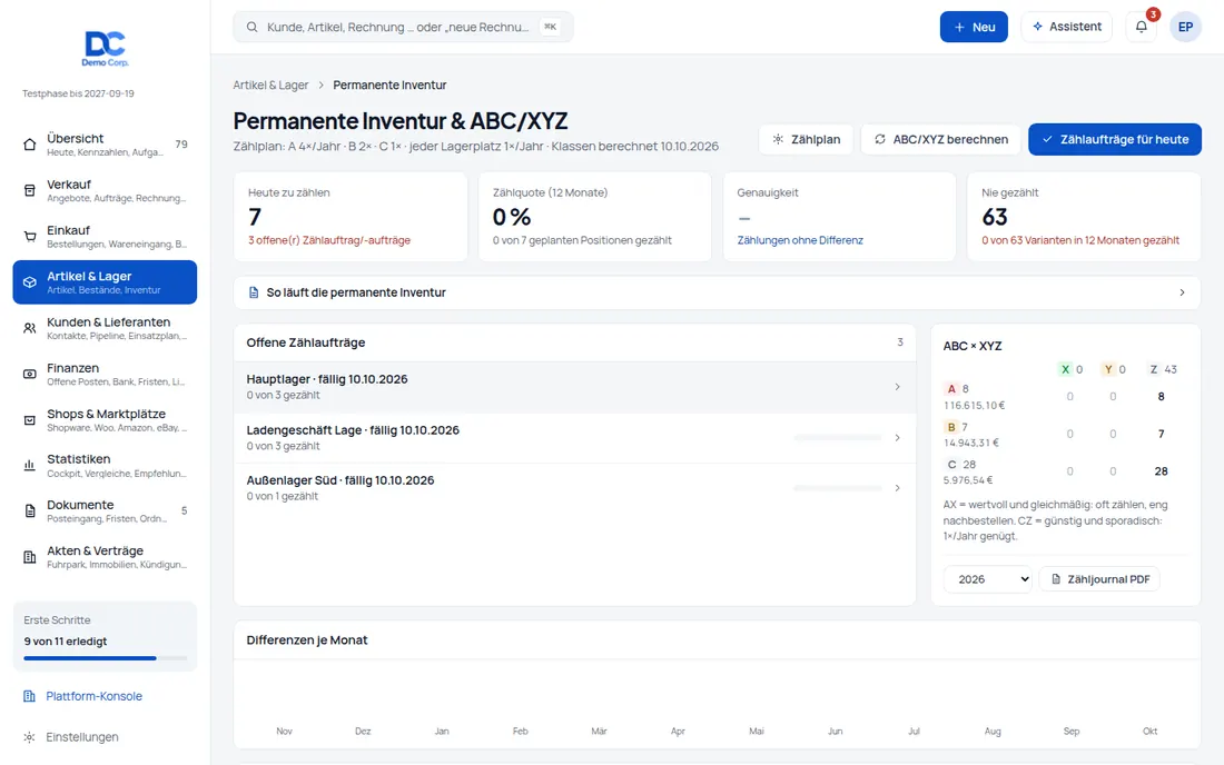 Permanente Inventur: Jeden Tag ein paar Positionen zählen statt einmal im Jahr alles – Bildschirm aus der Demo