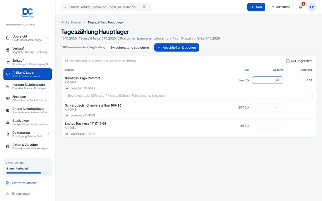 Permanente Inventur: Jeden Tag ein paar Positionen zählen statt einmal im Jahr alles (Ansicht 2) – Bildschirm aus der Demo