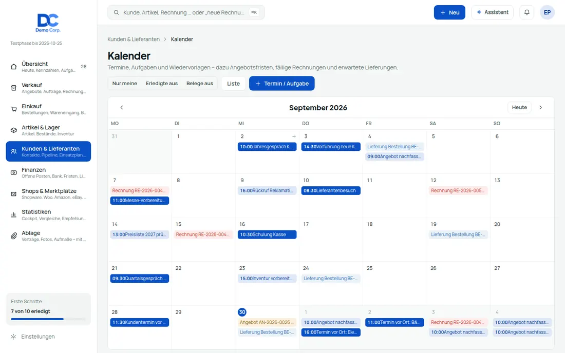 Kalender & Aufgaben: Termine, Wiedervorlagen und Fälligkeiten in einem Kalender – Bildschirm aus der Demo