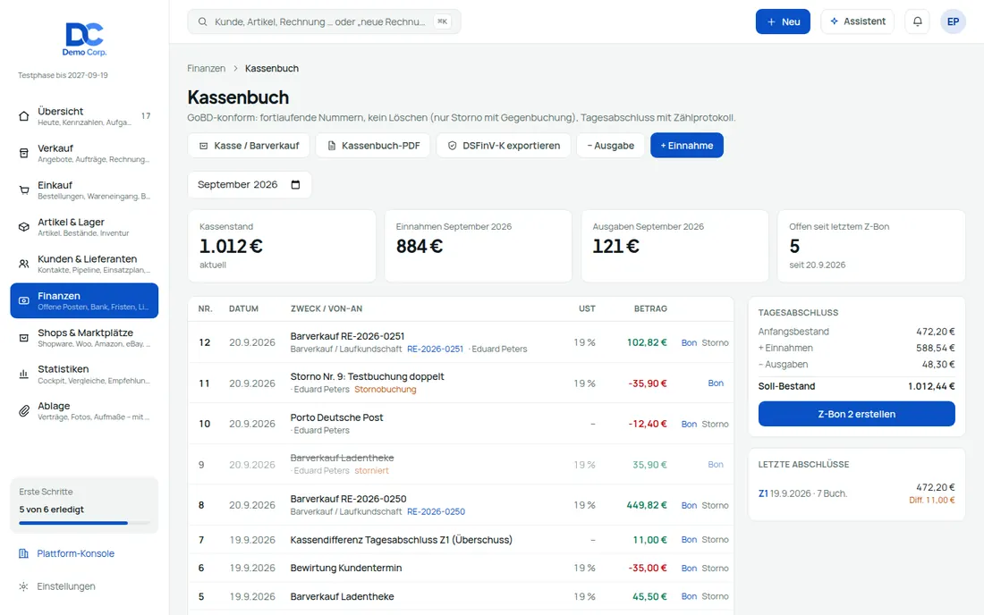 GoBD-Kassenbuch mit Z-Bon und DSFinV-K – Bildschirm aus der Demo