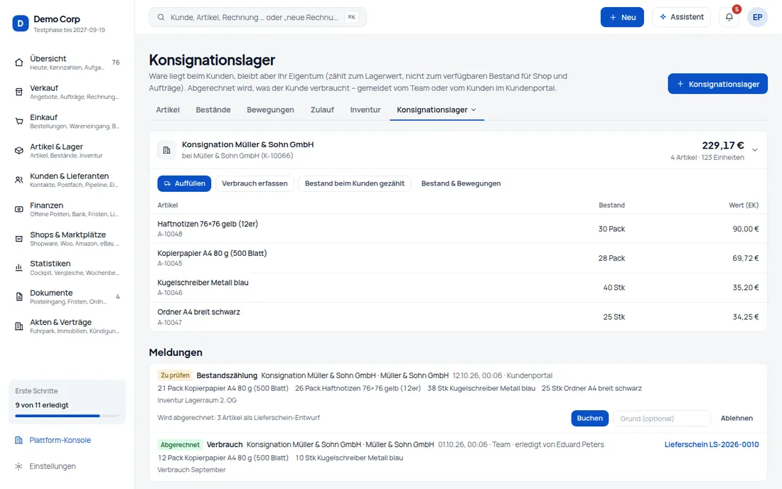 Konsignationslager: Ware beim Kunden lagern, nur den Verbrauch berechnen – gemeldet vom Team oder im Kundenportal – Bildschirm aus der Demo