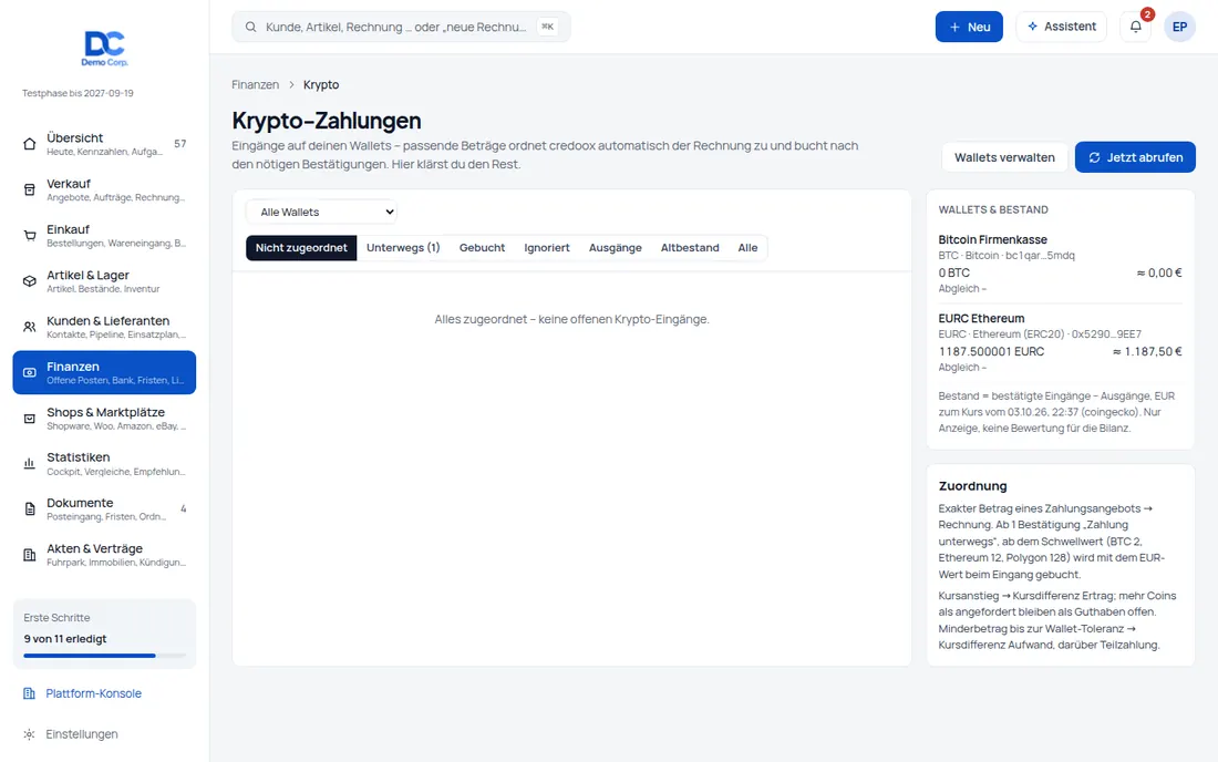 Finanzen → Krypto: erkannte Zahlungen, Bestätigungen und Zuordnung
