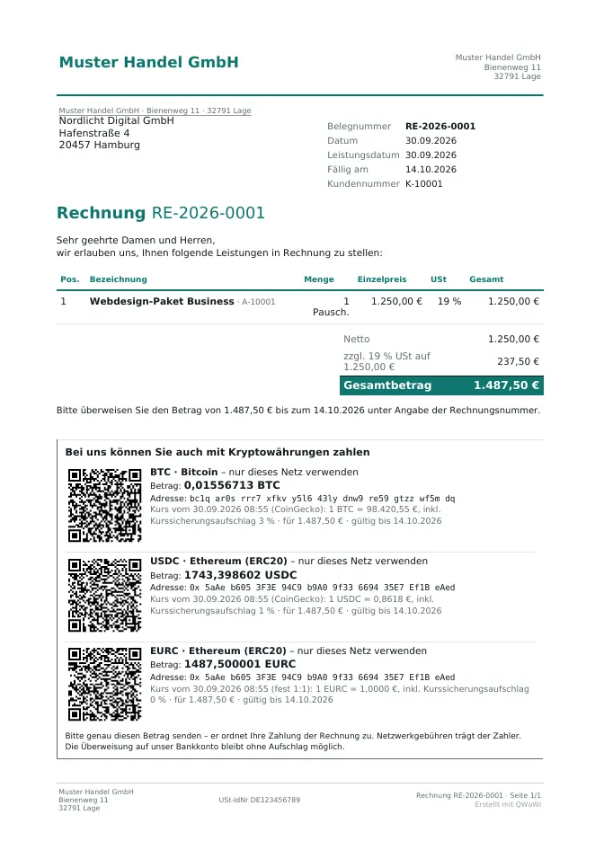 Rechnung als PDF mit Krypto-Block, Beträgen und QR-Codes