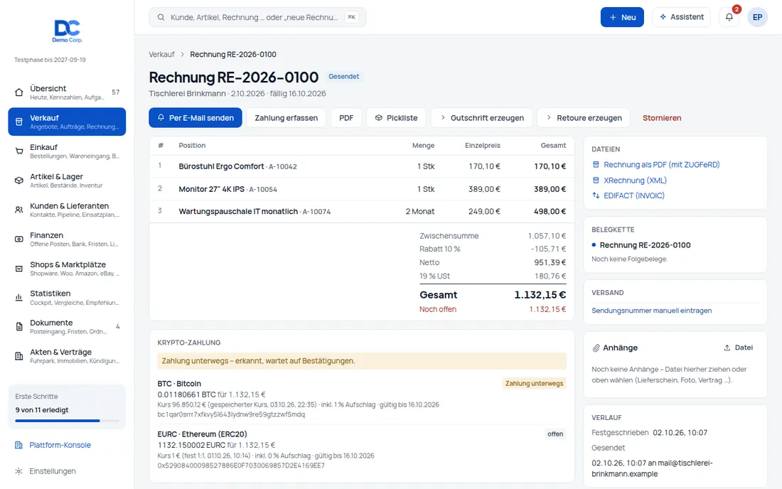 Rechnung erstellen mit Auswahl der Krypto-Wallets