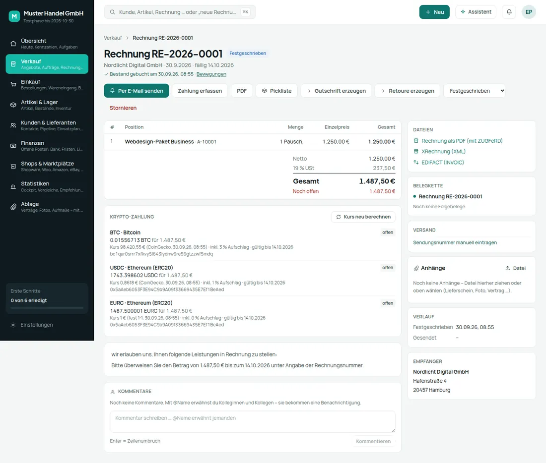 Rechnung erstellen mit Auswahl der Krypto-Wallets