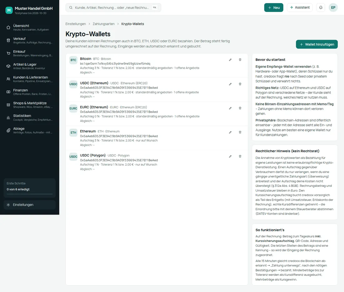 Einstellungen: eigene Wallets mit Netz, Aufschlag und Buchungskonto
