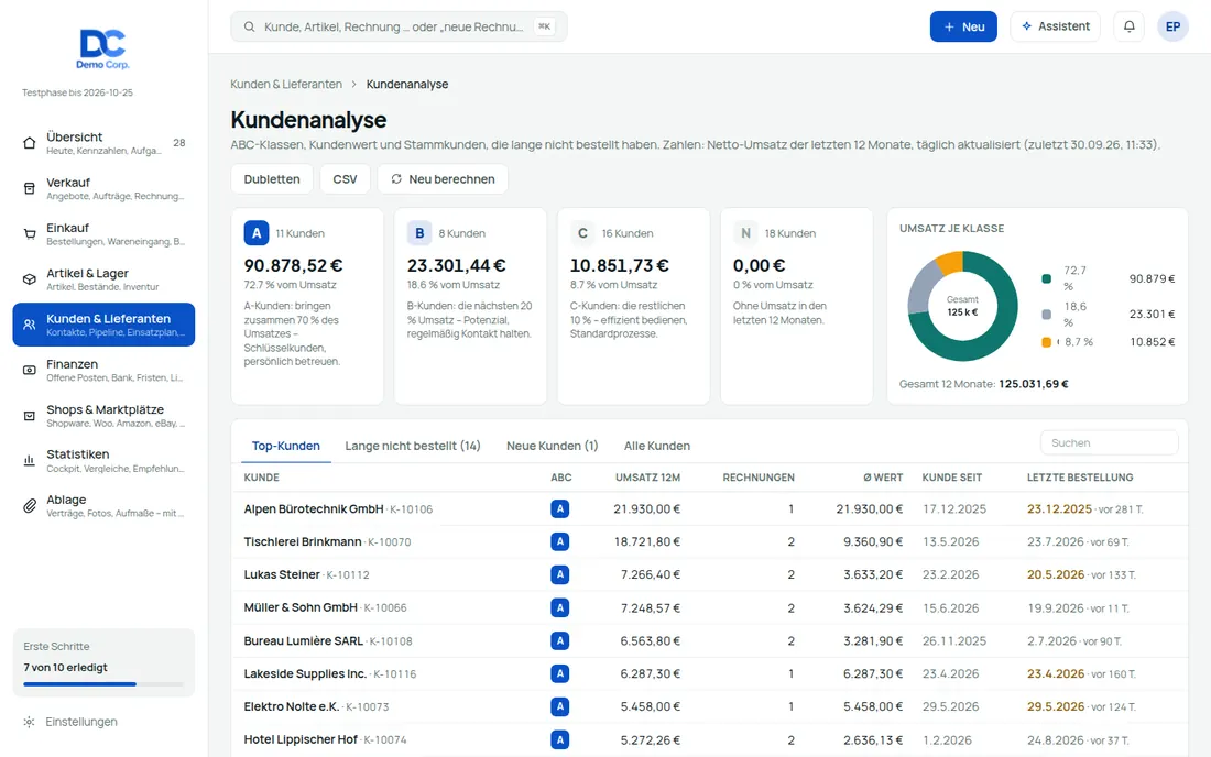 Kundenanalyse & Auswertung: Wer bringt den Umsatz – und wer hat lange nicht bestellt? – Bildschirm aus der Demo