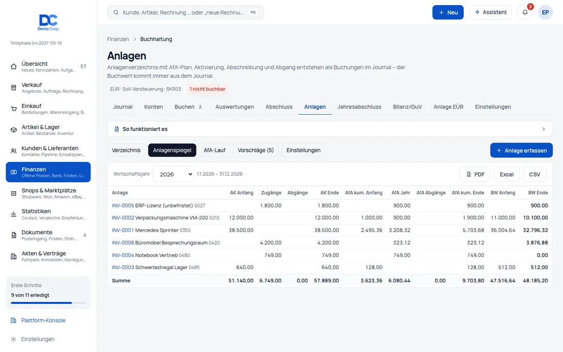 Anlagenbuchhaltung: Anlagenverzeichnis, AfA-Lauf und Anlagenspiegel – linear, GWG, Sammelposten, degressiv wo zulässig (Ansicht 2) – Bildschirm aus der Demo