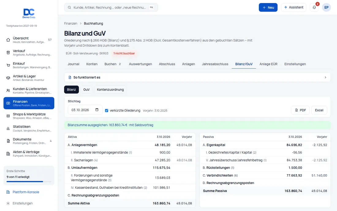 Jahresabschluss: Abschluss-Assistent, Abgrenzungen, Saldovortrag und Bilanz/GuV nach HGB – Bildschirm aus der Demo