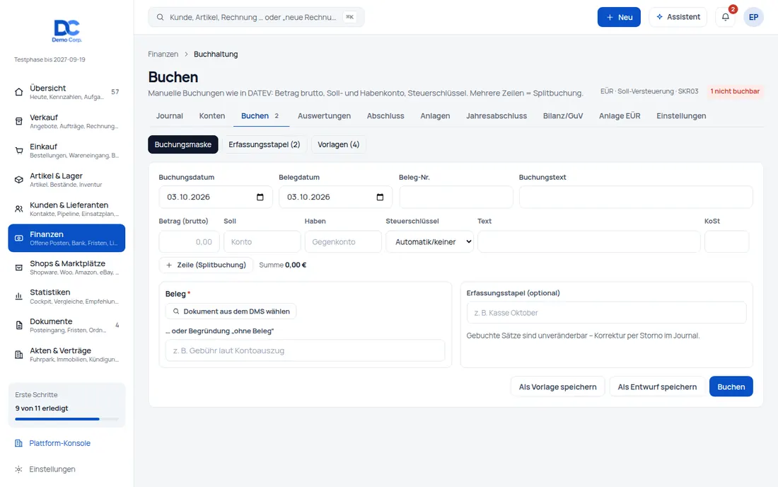 Manuell buchen: Buchungsmaske im DATEV-Stil – mit Beleg, Stapel, Vorlagen und Vier-Augen-Prinzip – Bildschirm aus der Demo