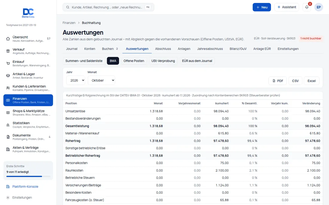 Auswertungen & Export: Journal, Kontenblatt, Summen- und Saldenliste, BWA, offene Posten und USt-Verprobung (Ansicht 2) – Bildschirm aus der Demo