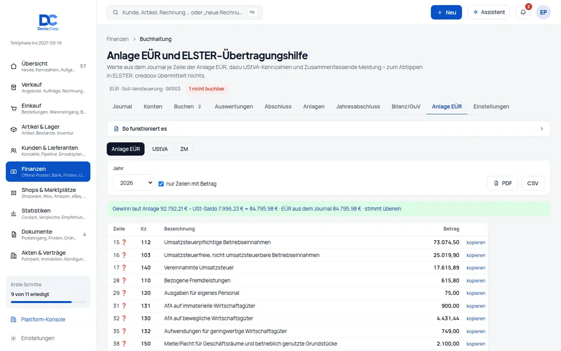 Anlage EÜR & ELSTER-Hilfe: Anlage EÜR, UStVA und ZM aus dem Journal – mit ELSTER-Übertragungshilfe zum Abtippen – Bildschirm aus der Demo