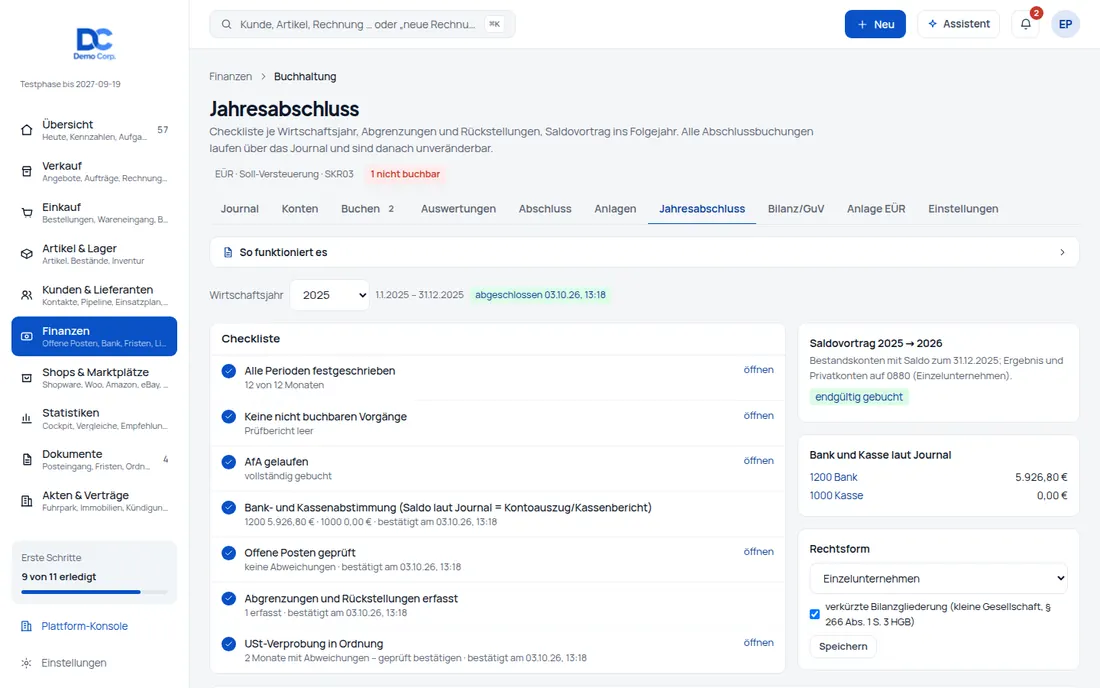Jahresabschluss: Abschluss-Assistent, Abgrenzungen, Saldovortrag und Bilanz/GuV nach HGB (Ansicht 2) – Bildschirm aus der Demo