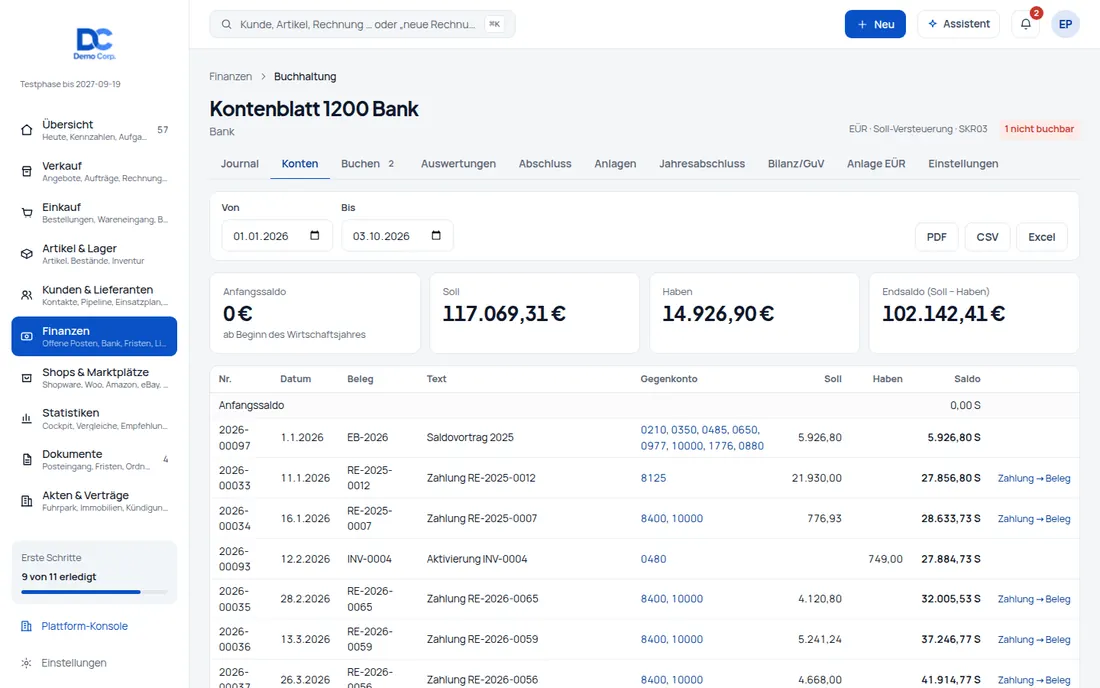 Automatisch buchen: Rechnungen, Zahlungen, Bank, Kasse, Reisekosten: credoox bucht aus allen Quellen selbst – Bildschirm aus der Demo