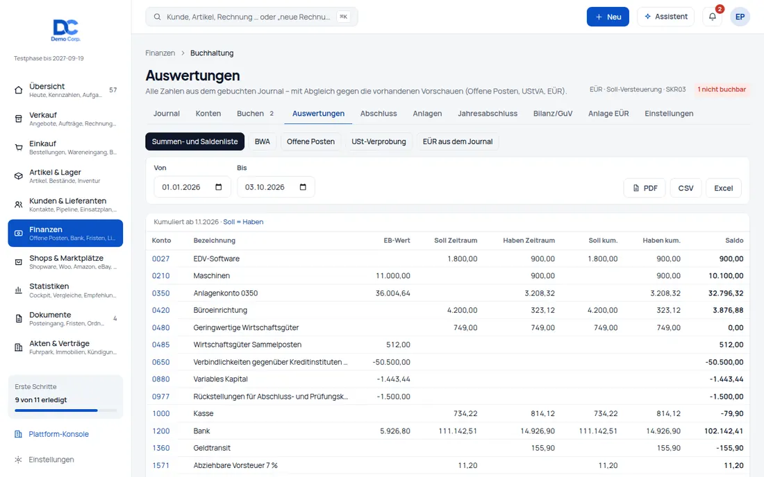Auswertungen & Export: Journal, Kontenblatt, Summen- und Saldenliste, BWA, offene Posten und USt-Verprobung – Bildschirm aus der Demo