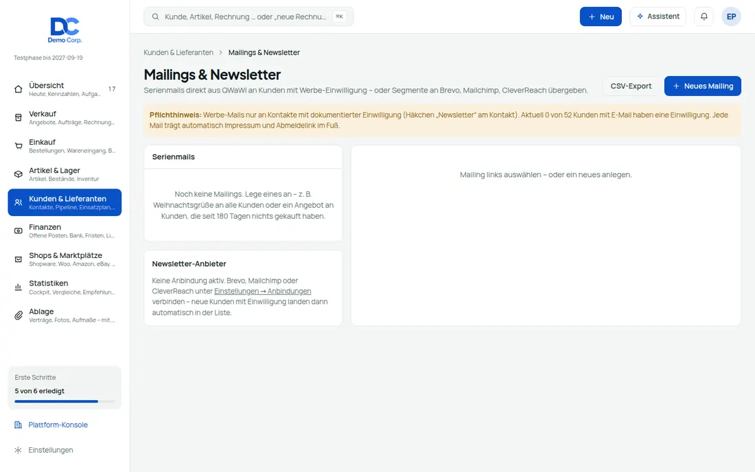 Serienmails – Bildschirm aus der Demo