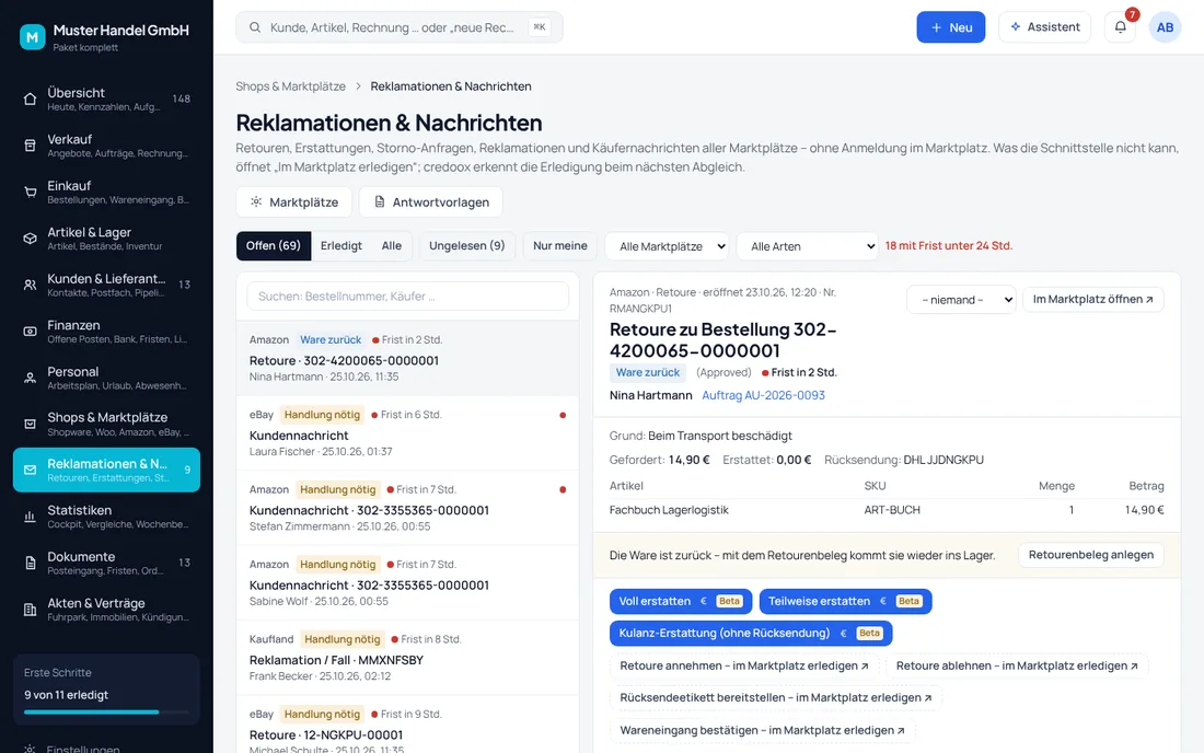 Marktplatz-Service: Liste „Reklamationen &amp; Nachrichten“ mit Frist-Ampel und geöffneter Retoure – Bildschirm aus der Demo