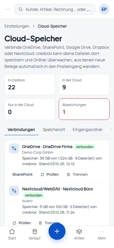 Verbindungen: OneDrive, SharePoint, Google Drive, Dropbox oder Nextcloud/WebDAV anbinden (Handyansicht) – Bildschirm aus der Demo