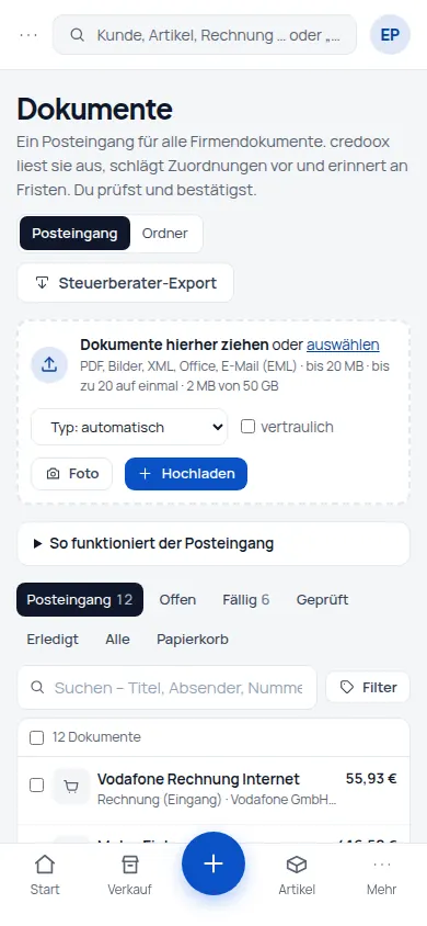 Posteingang: Ein Posteingang für alle Firmendokumente – per Upload, Mail, Foto oder API (Handyansicht) – Bildschirm aus der Demo