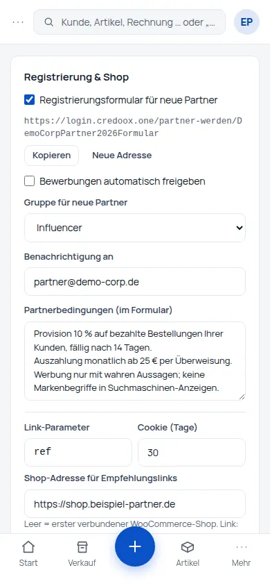Gutscheine im Shop: Partner-Codes werden automatisch WooCommerce-Gutscheine – mit Rabatt, Laufzeit und Artikelauswahl aus credoox (Handyansicht) – Bildschirm aus der Demo