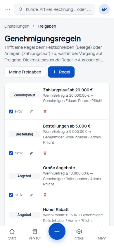 Margen-Freigabe: Rabatt ja, Verlust nein – Freigabe, wenn die Rohmarge unter Ihre Grenze fällt (Handyansicht) – Bildschirm aus der Demo
